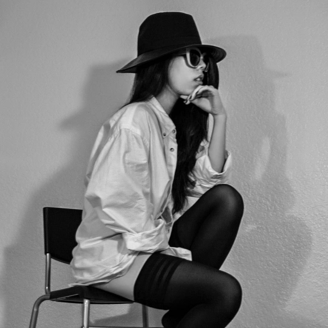 white shirt with Wolford velvet de luxe 50 stay up tights and BCBGeneration Wool Fedora