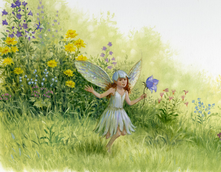 Голенькая фея на цветущей поляне
