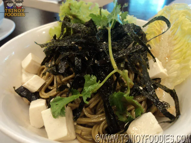 green tea noodles salad with soft tofu and soy vinaigrette 