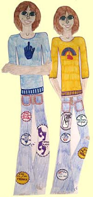 Teenage girl and boy drawn with embroidered jeans