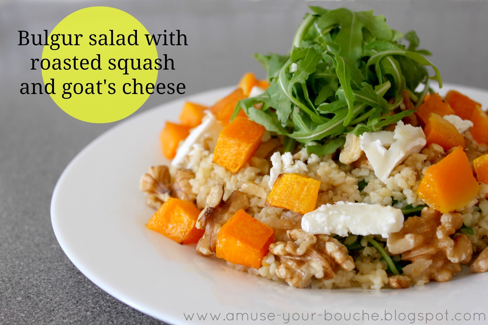 Autumnal bulgur wheat salad with roasted butternut squash, walnuts and