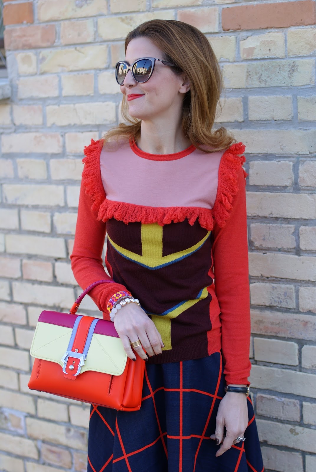 Color block edgy outfit with Choies plaid midi skirt and Paula Cademartori Petite Faye bag on Fashion and Cookies fashion blog, fashion blogger style