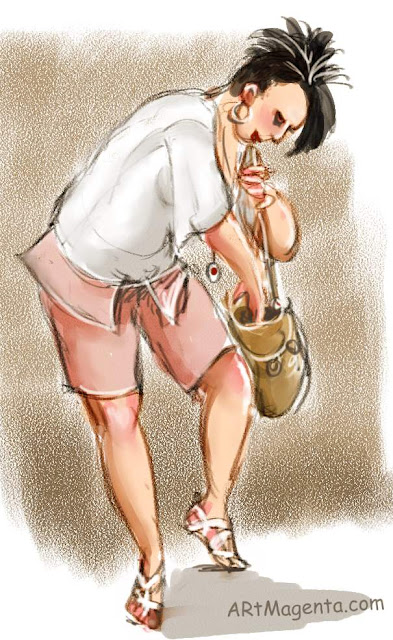 Veronica looking for her credit cards, a caricature by ArtMagenta