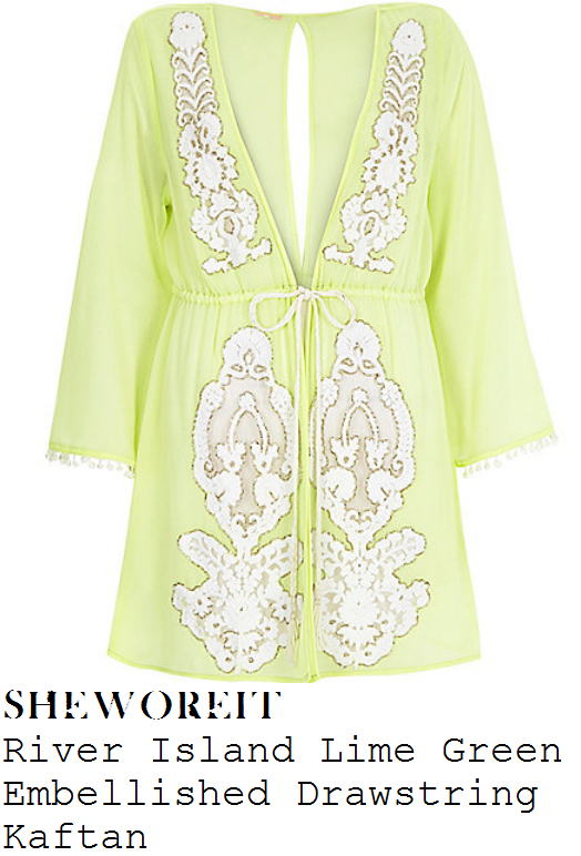 lindsay-lohan-lime-green-sheer-embellished-kaftan-cover-up