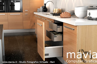 Arredamento cucine - cucina moderna componibile in frassino particolare dei cassetti e del piano di lavoro