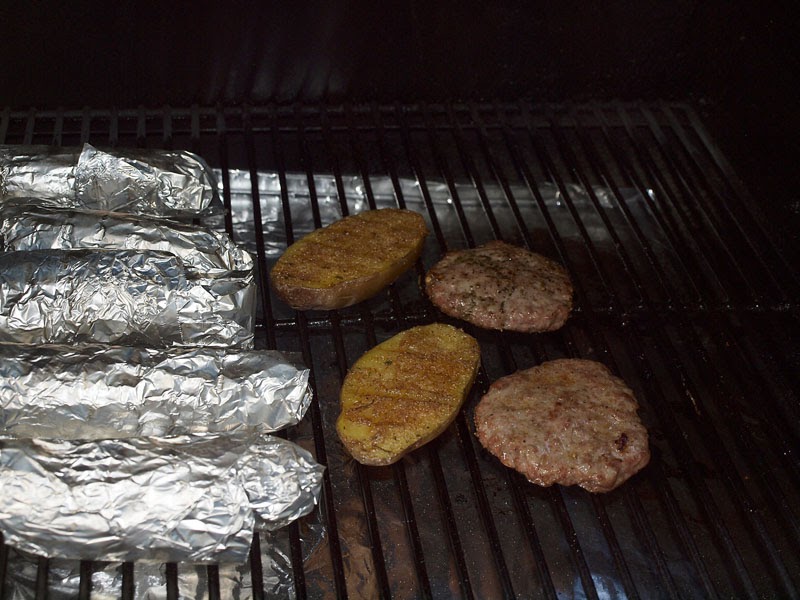 Pellet Smoker Cooking Sausage Patties, Taters, & Corn