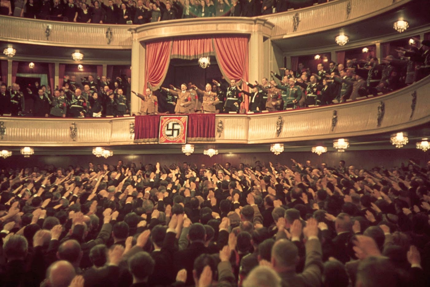 Adolf Hitler and Joseph Goebbels (in box) at Charlottenburg Theatre, Berlin, 1939.