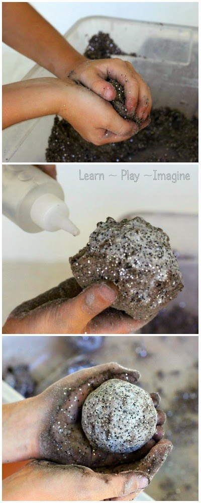 A simple play recipe, making MOON ROCKS.  These kid made rocks are perfect for play and learning, and guess what?  If you add a little vinegar they ERUPT!