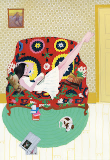 illustration of a girl reading on a suzani couch by Robert Wagt