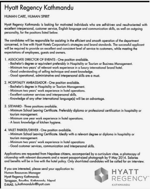 Mega Nepal Vacancy Announcement at Hyatt Regency Kathmandu