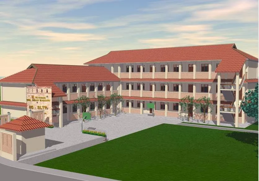 sekolah menengah pertama dengan taman bunga di sekitar