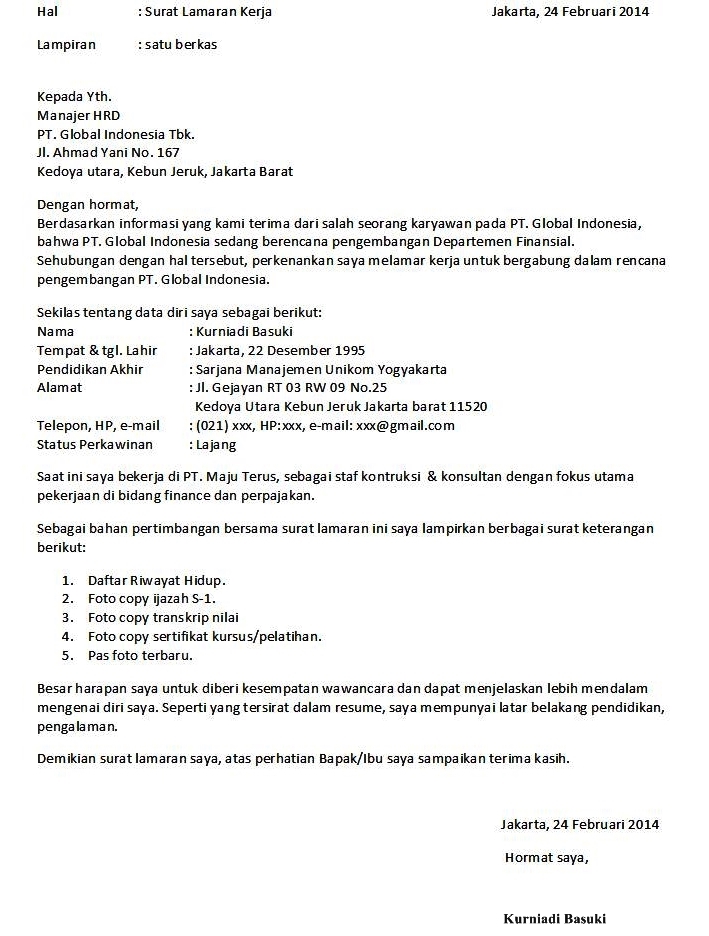 10 Contoh Surat Lamaran Kerja 2015 - ben jobs