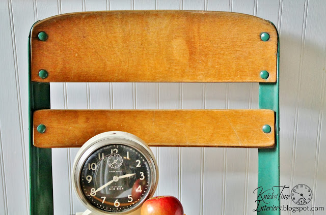 Mid-Century Antique Green School Chair via Knick of Time Mid-Century Antique Green Wooden School Chair Antique Clock Autumn Display via Knick of Time