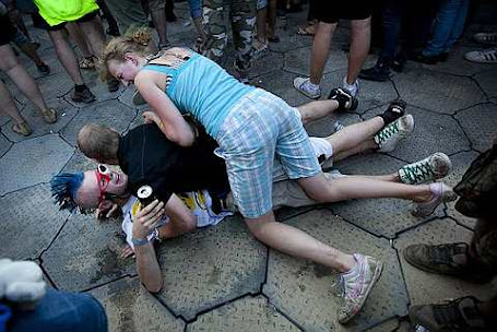 Youngsters wrestle in front of the grand stage