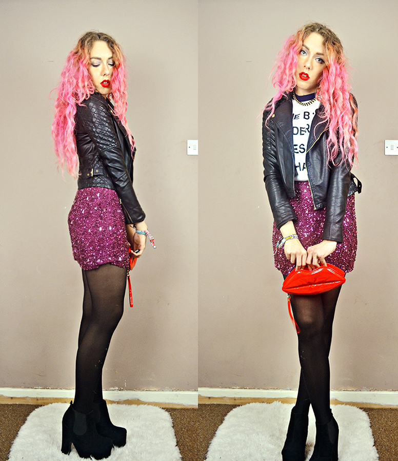 Pink hair, leather quilted shoulder jacket, celeblook, the bags under my eyes are chanel tee, rock and religion griffin sequin jewel skirt, lulu mcguinness dupe ebay lip clutch, boohoo chelsea boot suede heels, uk fashion blogger, stephi lareine