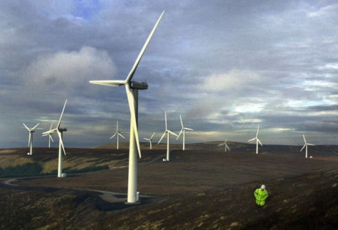 Upland wind farm wind turbines on moorland