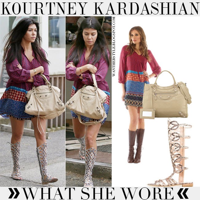kourtney+kardashian+in+red+blue+printed+silk+tunic+dress+tolani+with+gladiator+boots+and+beige+leather+bag+june+4+2014+hamptons+what+she+wore+summer+outfit.jpg