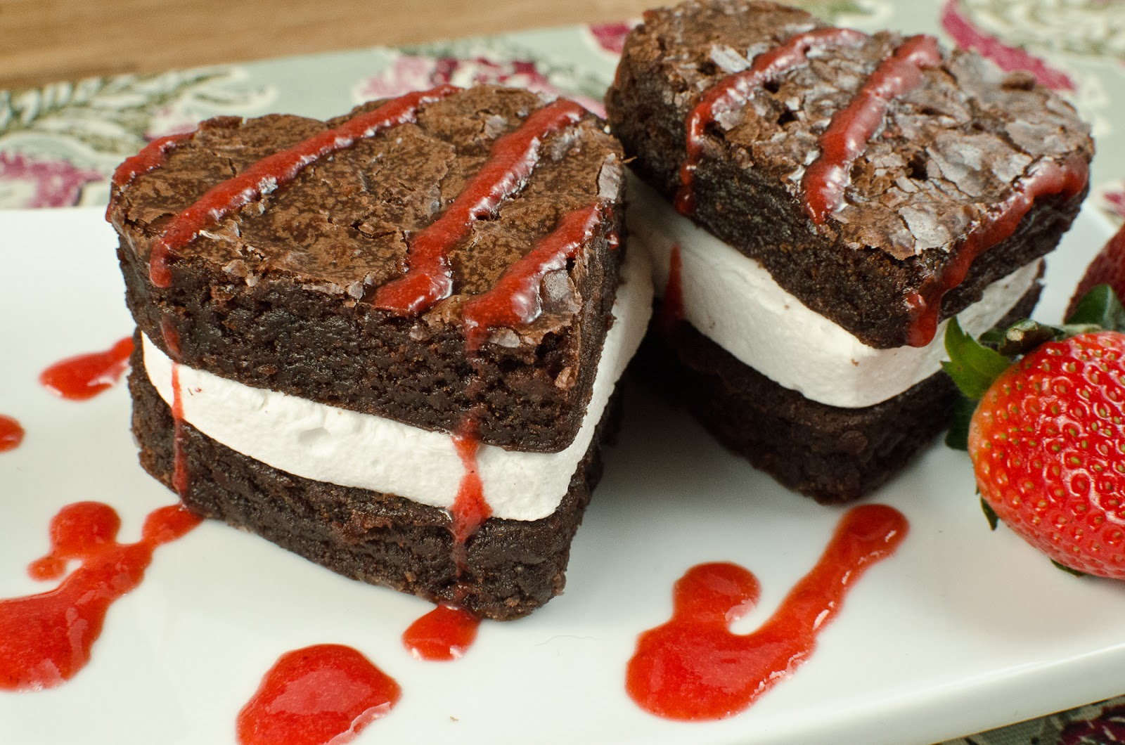 Margaritas In The Rain Brownie Marshmallow Sandwich with Strawberry Sauce