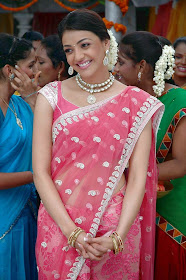 South Actress Kajal Agarwal Hot Pink Saree Photos