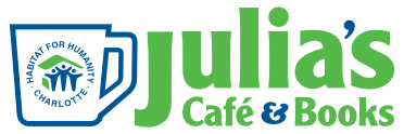 Logo for Julia's Cafe White mug outlined in blue with Habitat for Humanity Logon on it. Julia's Cafe and Books in Green with apostrophe and ampersand sign in blue