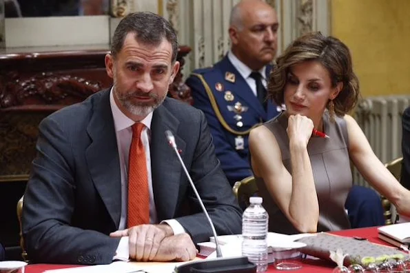 King Felipe VI of Spain and Queen Letizia of Spain attends a meeting at the Library of the Cervantes institute 