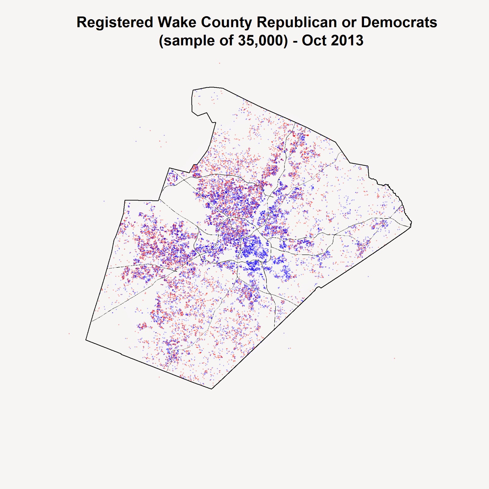 each map represents a sample of 35000 voters collected from the north carolina state board of elections in october 2013 each dot is a single voter and each map represents a sample of 35000 voters collected from the north carolina state board of elections in october 2013 each dot is a single voter and
