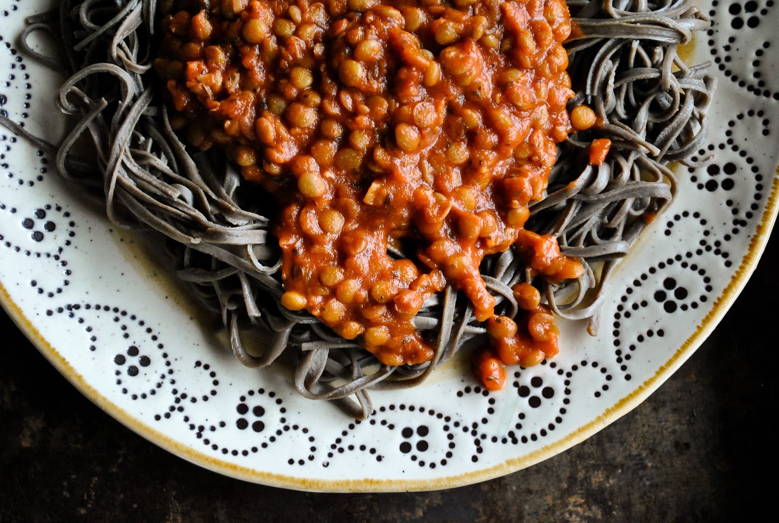 Lentil Bolognese with black bean spaghetti VeganSandra