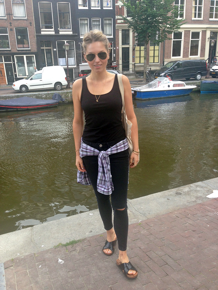 Fashion Over Reason in Europe, Amsterdam canal, black and plaid outfit, VERAMEAT gold elephant chain necklace