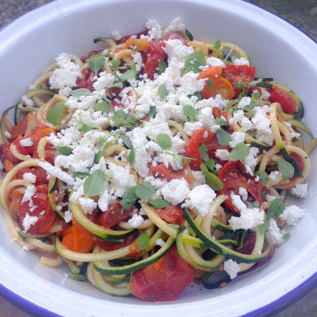 zoodles with roasted tomatoes, garlic, feta and basil