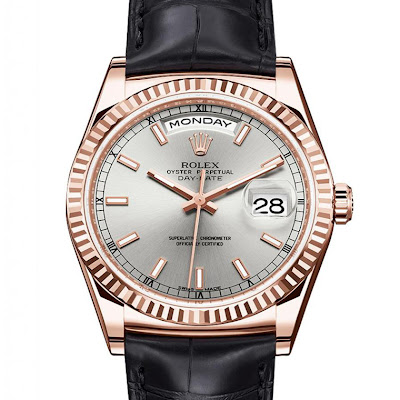 Rolex New Day-Date Everose gold, fluted bezel, rhodium dial and leather strap