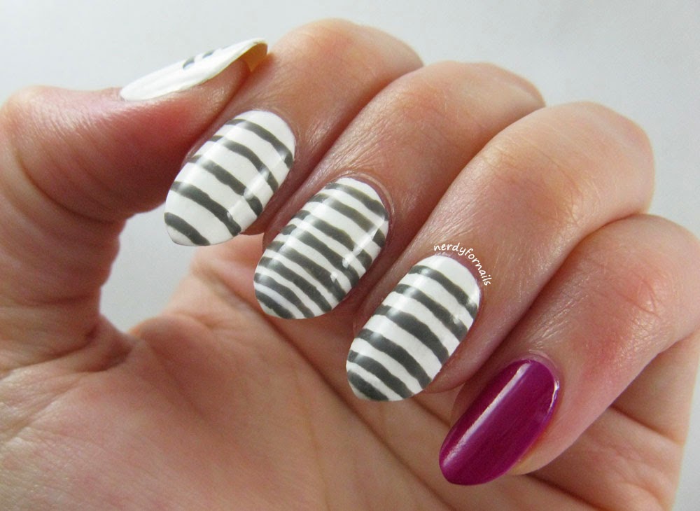 Grey stripes on white background with orchid accent nail
