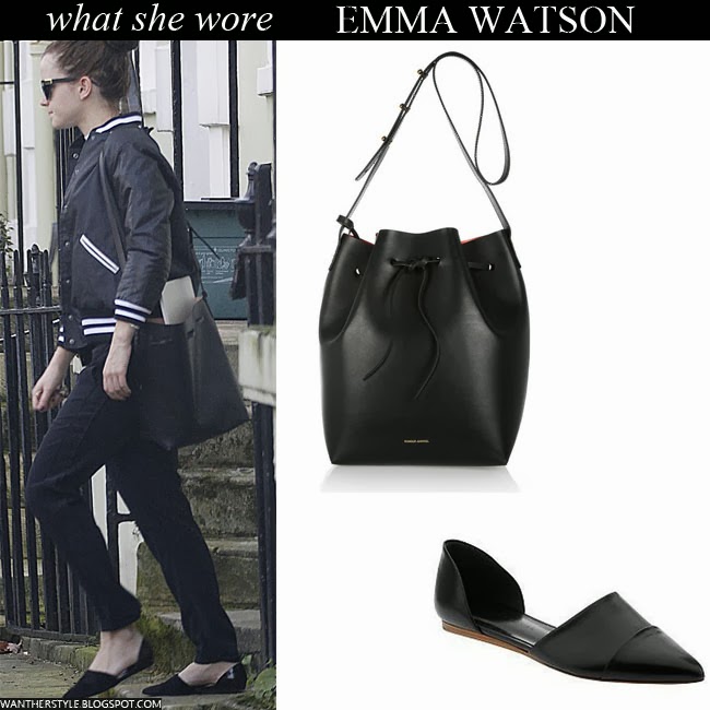 WHAT SHE WORE: Emma Watson with black leather bucket bag by Mansur Gavriel  in London on February 23 ~ I want her style - What celebrities wore and  where to buy it. Celebrity Style