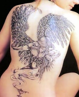 Black and Grey Ink Large Angel Tattoo on Back