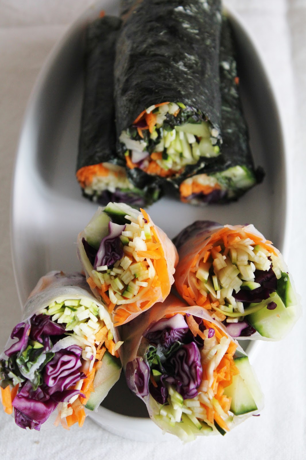This Rawsome Vegan Life raw nori wraps with red cabbage, cucumber, carrots, zucchini & spicy