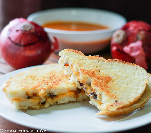 click for a recipe for grilled cheese with bourbon melted onions and homemade bread