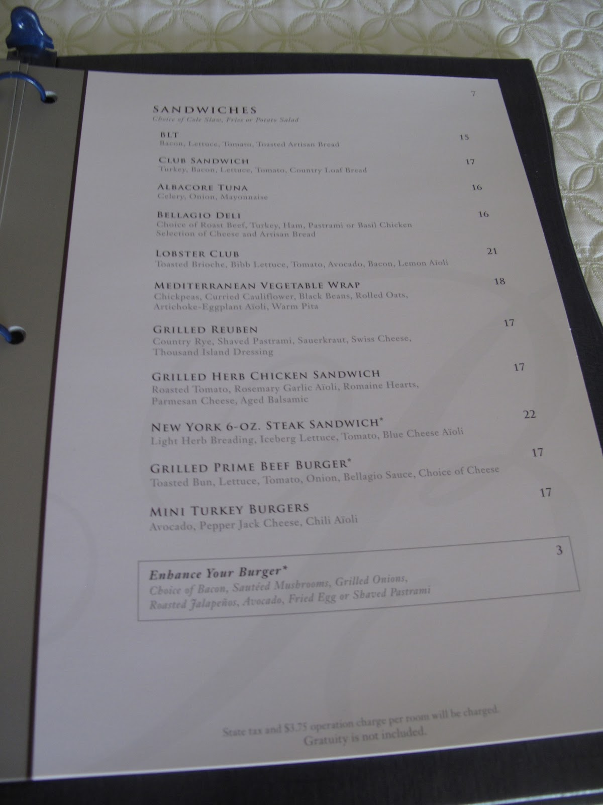 LAS VEGAS DAZE Bellagio Room Service Menu