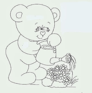 desenho de ursinho regando flores para pintar