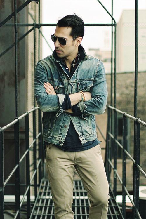 khaki pants and denim jacket