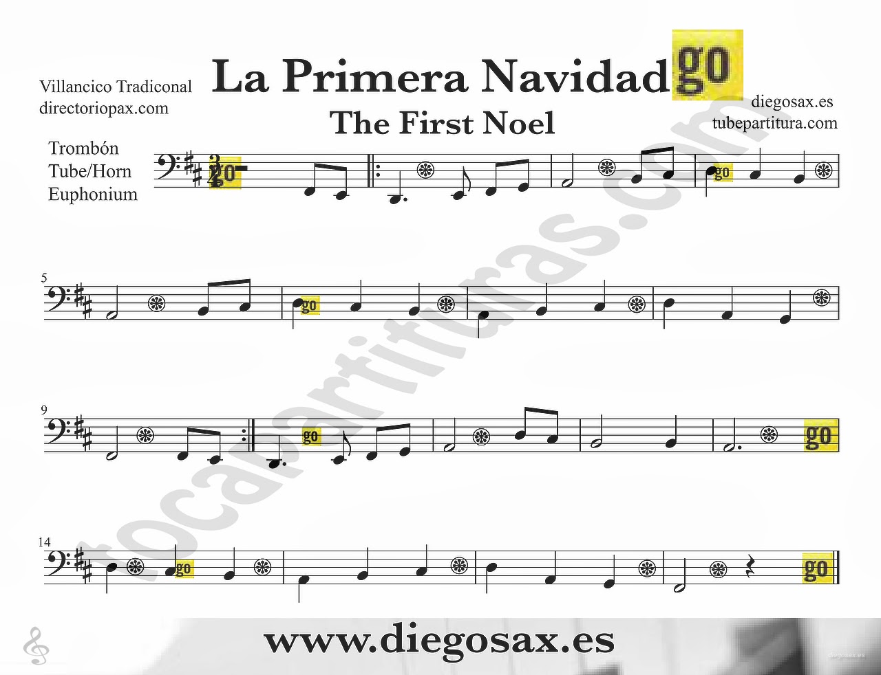 tubescore: The First Noel sheet music for Trombone, Tube and Euphonium Christmas Carol