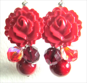 Red Glam Flower Earrings Dangle earrings have flower buttons with red fire polished czech beads and river rock