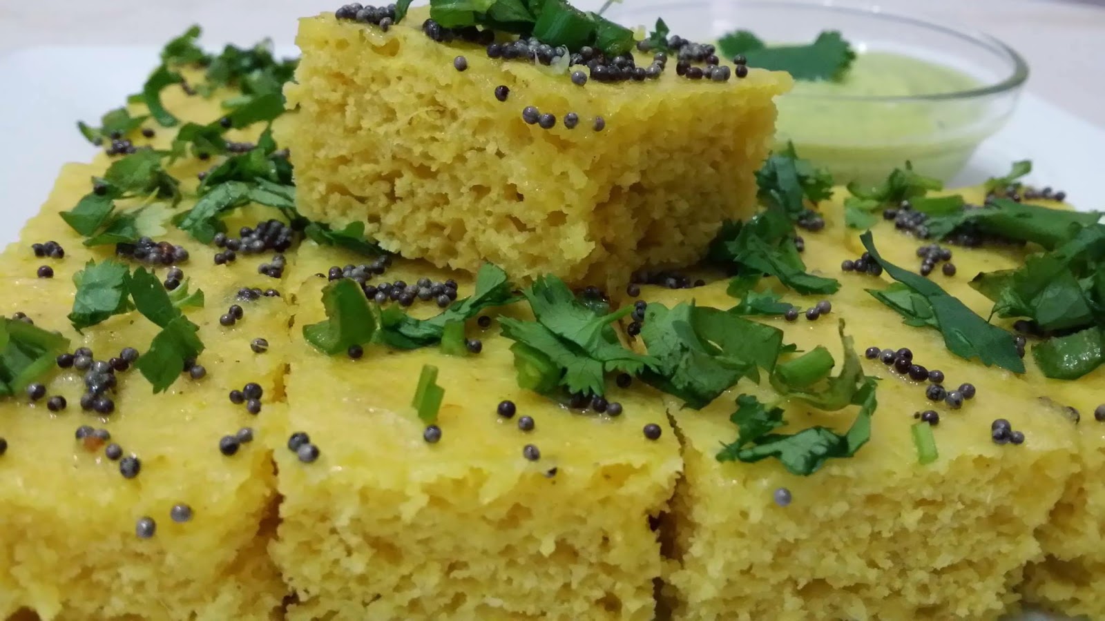 Saffron Strands Khaman Dhokla (Chickpea Flour Sponge Cake)