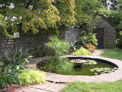 water pond with green plants in center and trees around and a stone walkway leading up to it