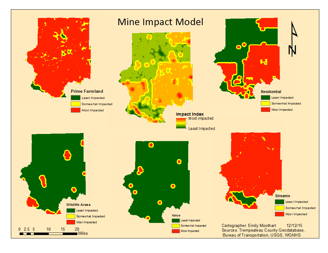 depict the areas that are impacted by mining the most whereas the green areas indicate the least impacted areas for mining the top center map is the depict the areas that are impacted by mining the most whereas the green areas indicate the least impacted areas for mining the top center map is the