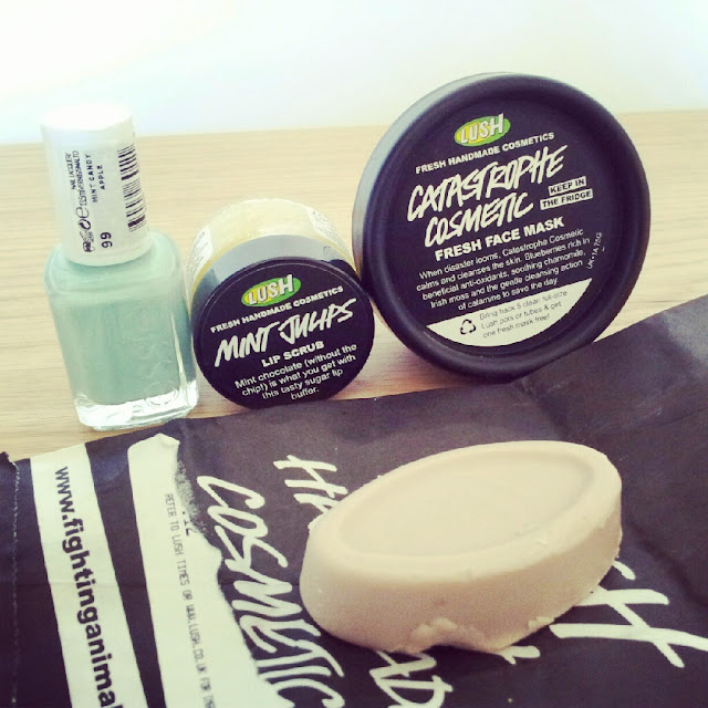 Lush Full of Grace Serum Bar, Catastrophe Cosmetic Fresh Face Mask, Mint Julips Lip Scrub, Essie Nail Polish in Mint Candy Apple Lush Full of Grace Serum Bar, Catastrophe Cosmetic Fresh Face Mask, Mint Julips Lip Scrub, Essie Nail Polish in Mint Candy Apple