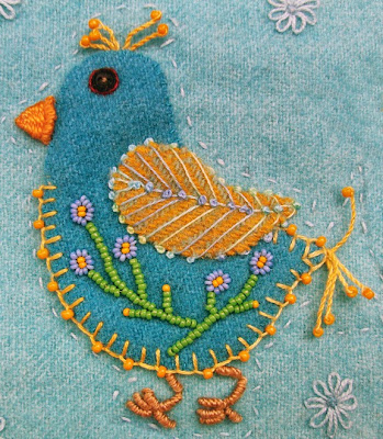 Robin Atkins, chicks, wool applique, bead and thread embroidery