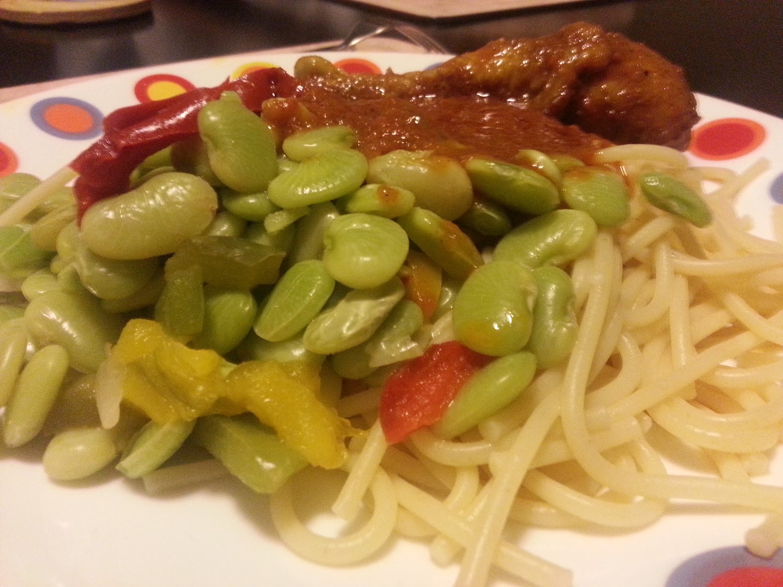 Spaghetti and Tomato Sauce with Green Lima Beans