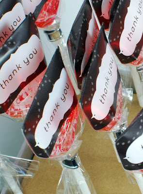 gourmet sweetened grapefruit lollipops in charcoal thank you wrappers seen from the top