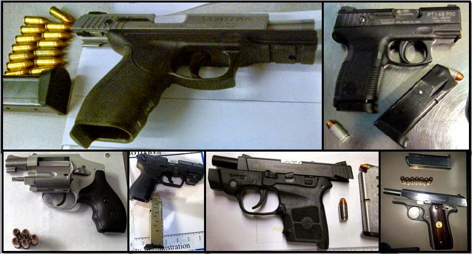 Clockwise from top left, firearms discovered in carry-on bags at:PIT, BFL, BNA, ORF, AUS & FAY