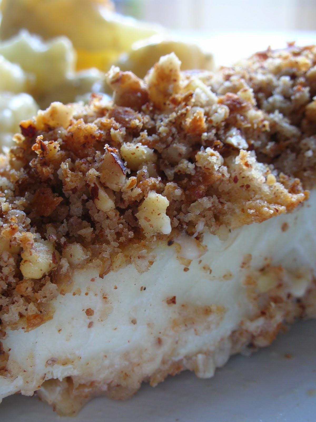 Basil Pecan Crusted Halibut with Cauliflower au Gratin