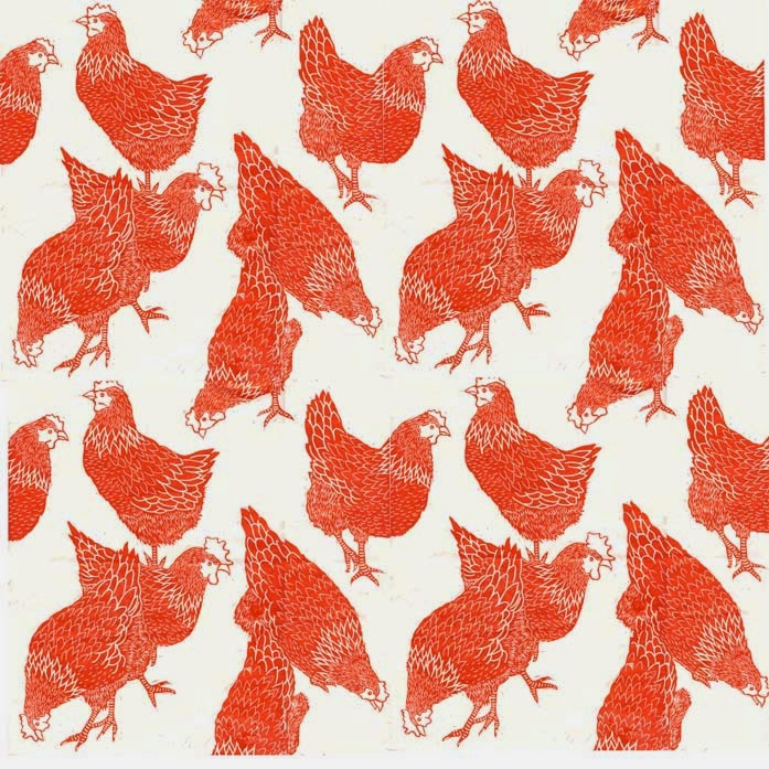 Hen linocut print as repeat pattern Hen linocut print as repeat pattern